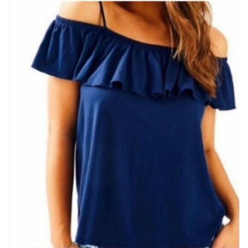 Lilly Pulitzer Tamiami Off the Shoulder Navy Tank Top Cold Shoulder Blouse small